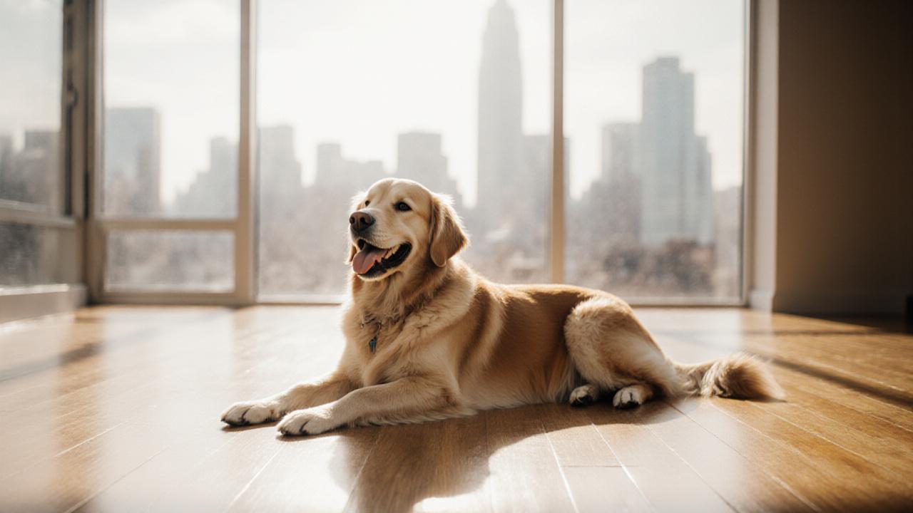 A happy golden retriever resting on a spotless, sunlit hardwood floor in a Manhattan apartment