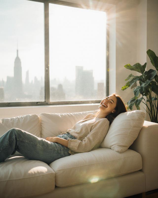Happy New Yorker relaxing in a sun-drenched, spotless modern apartment with city views