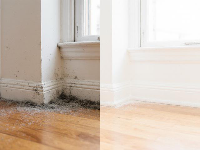 Dusty baseboards cleaned to pristine white